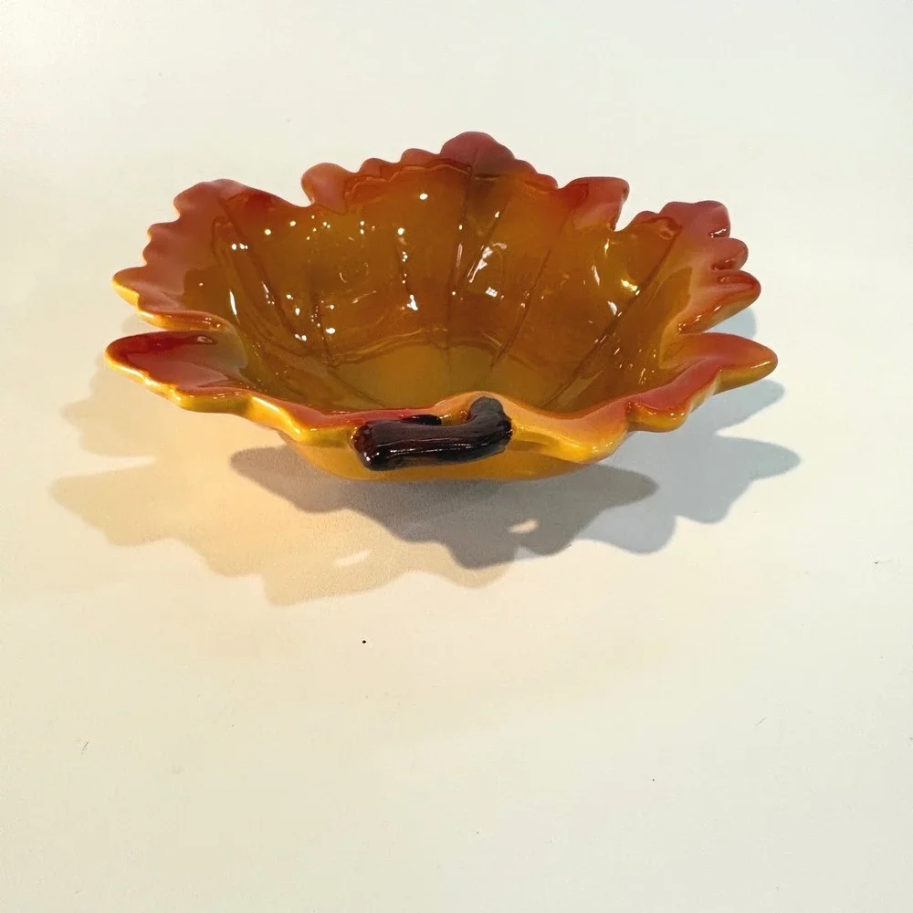 Ceramic Autumn Maple Leaf Bowl Orange Amber Fall Harvest Decorative Candy Dish